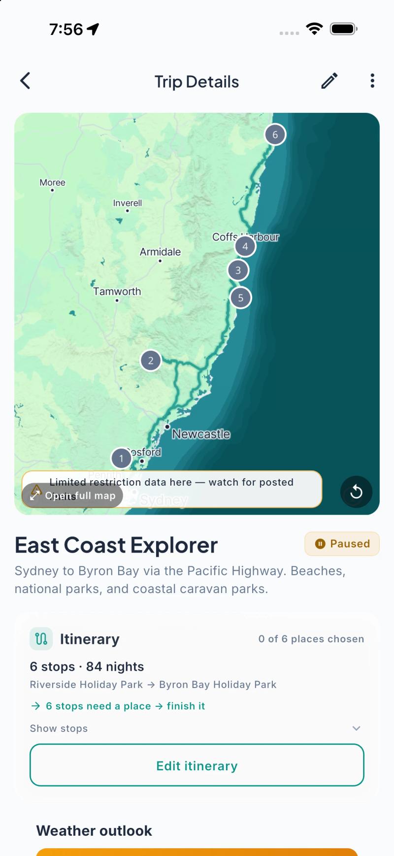 Ready2Roam trip detail showing route coverage and a dead-zone warning