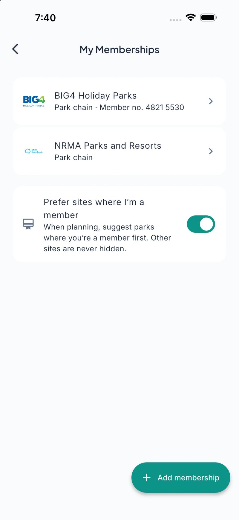 Ready2Roam memberships screen listing a traveller's park and club memberships