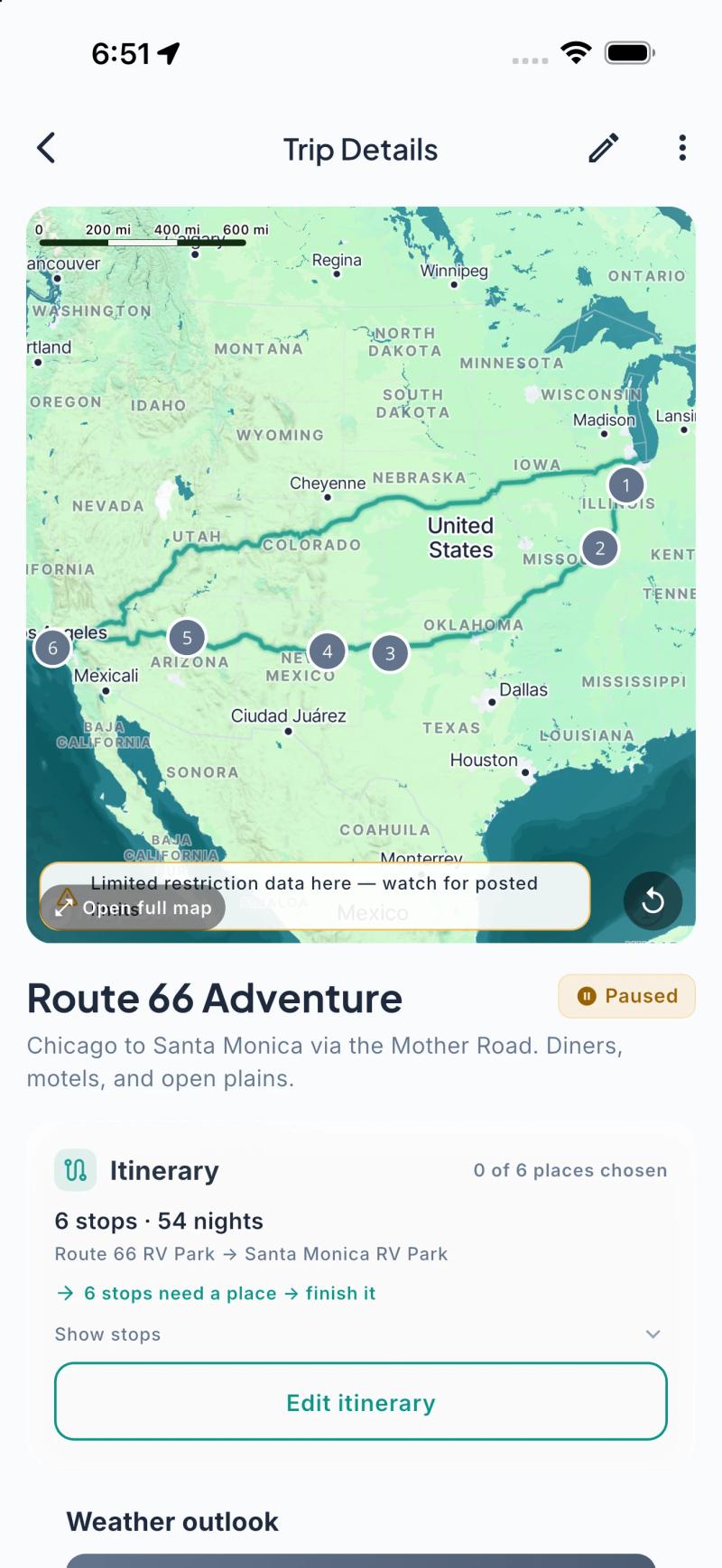 Ready2Roam trip detail showing route coverage and a dead-zone warning