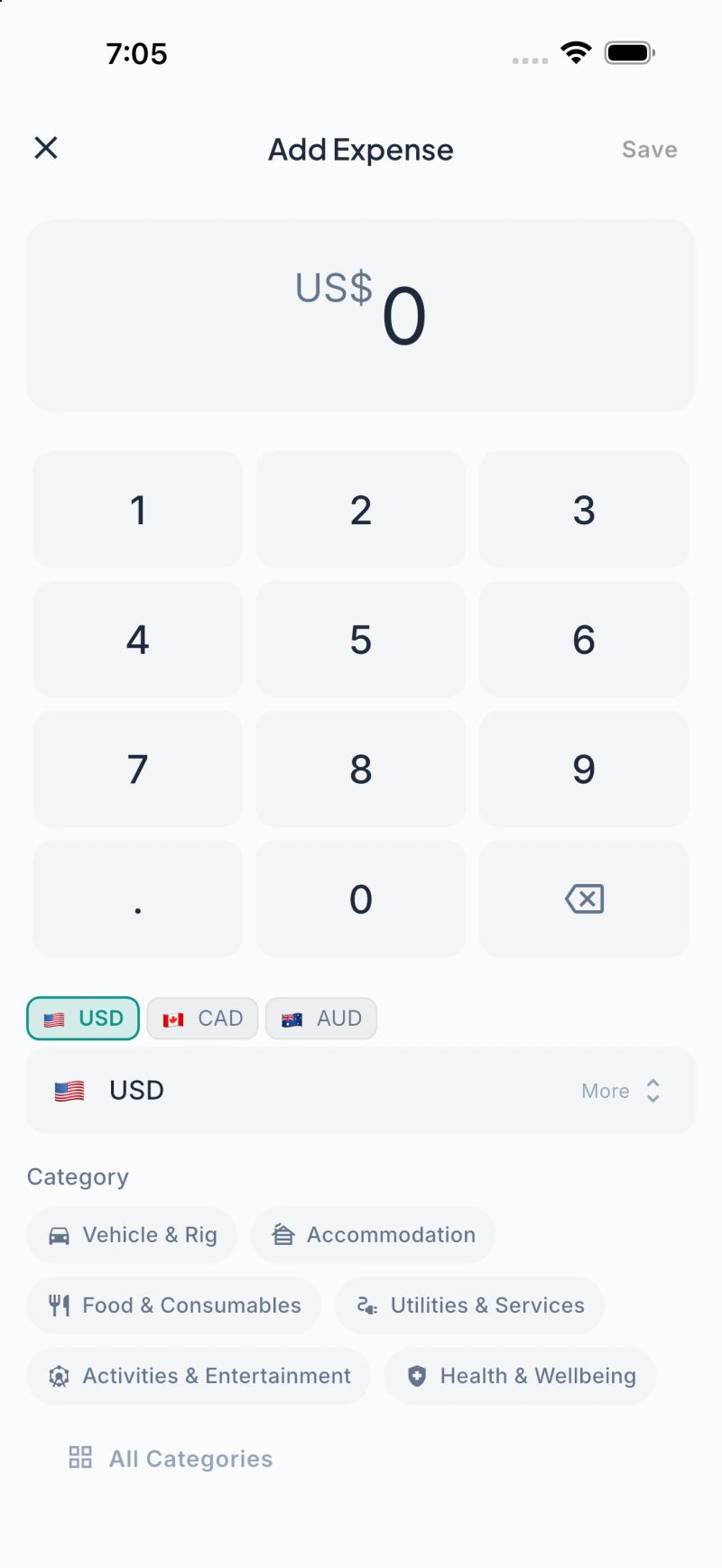 Ready2Roam add expense screen with a receipt and currency