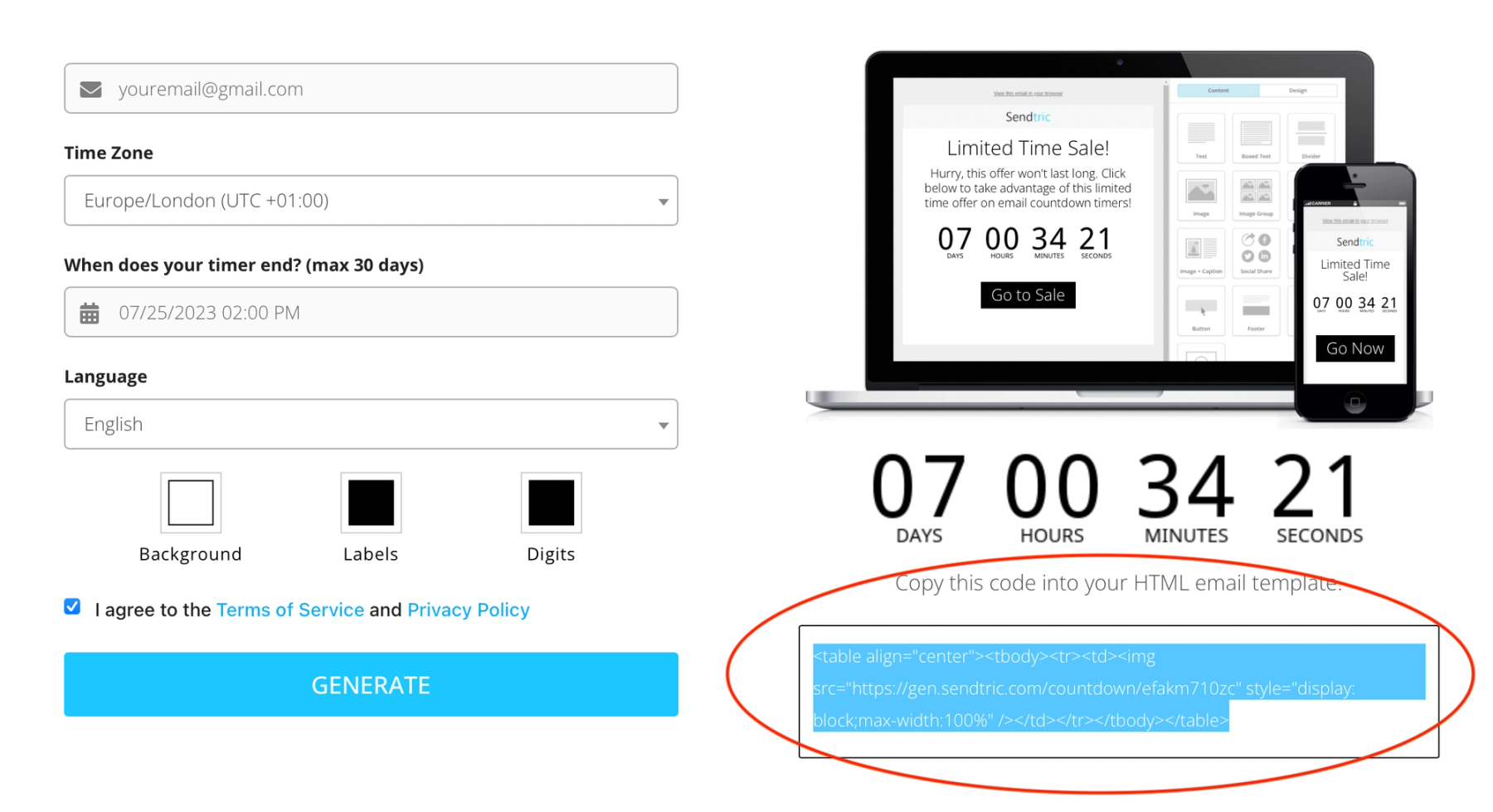 Sendtric timer generator form with the email address, end date, and customization fields filled in