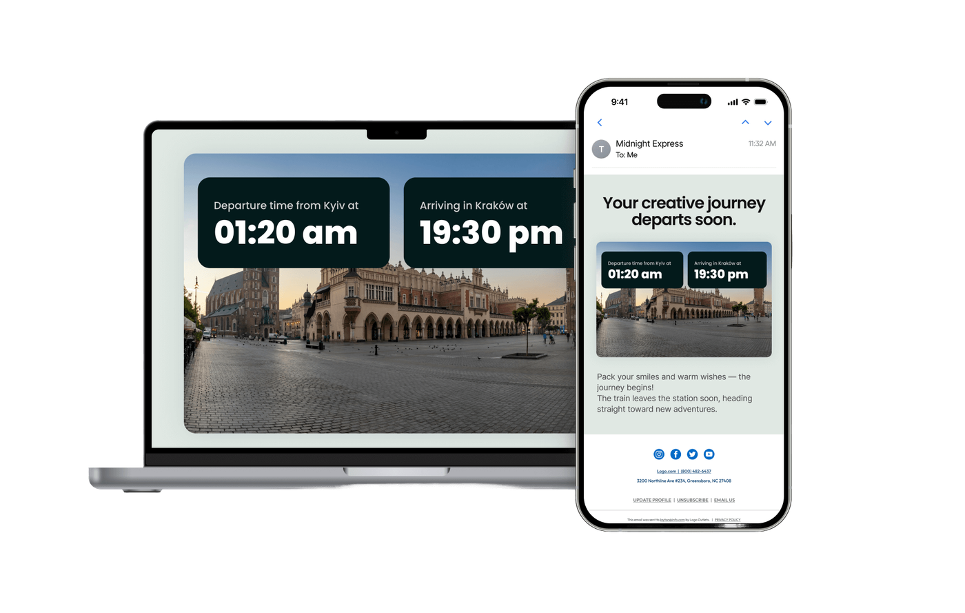 Same email template with the dynamic text overlay changed to a Kraków photo: "Departure time from Kyiv at 01:20 am, Arriving in Kraków at 19:30 pm."