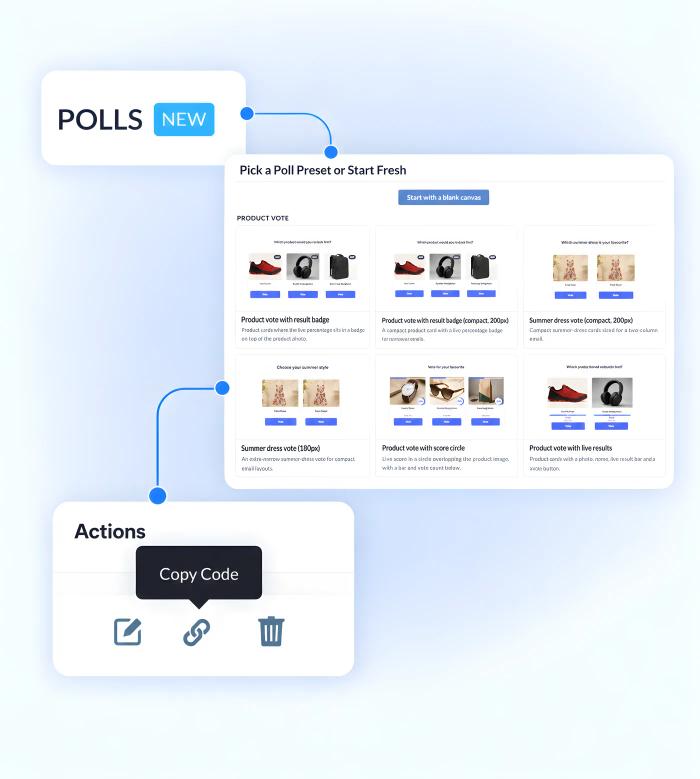 Sendtric poll editor flow: selecting the Poll widget, choosing a preset or starting with a blank canvas, and copying the embed code