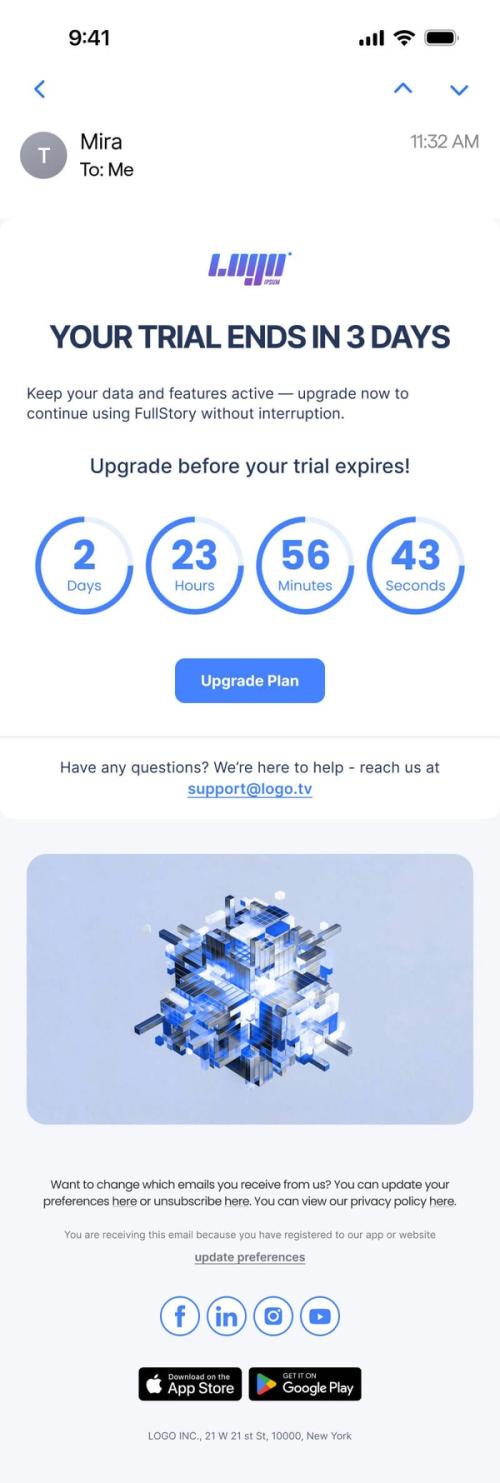 Mobile email preview of a trial-ending reminder with a Sendtric countdown timer showing time left before the trial expires, alongside an upgrade-plan button