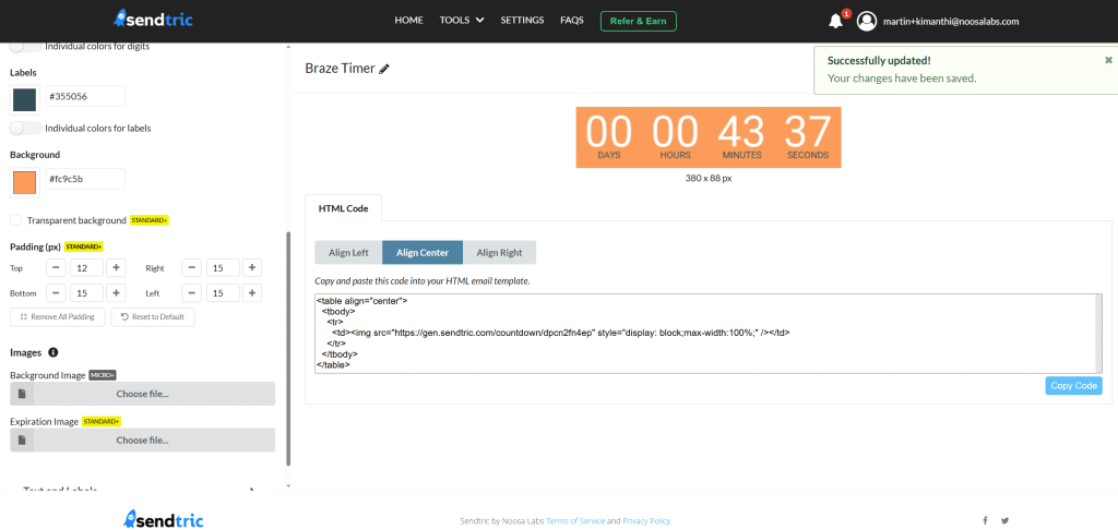 Sendtric countdown timer editor open for building a timer to add to a Braze email campaign