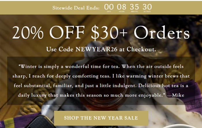 Countdown timer example on a sitewide New Year tea sale email