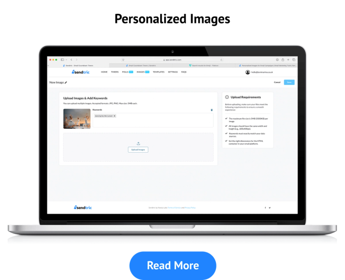 Screenshot of the Sendtric personalized image tool showing an image upload step with keyword tagging.