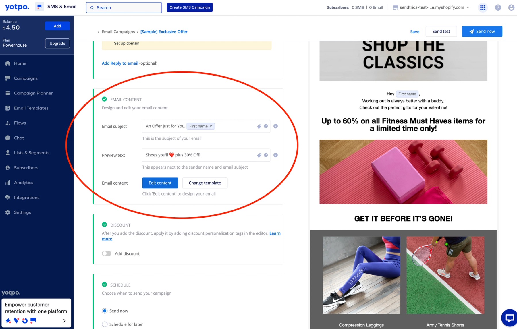 Yotpo email editor with the Email Content section's Edit Content button highlighted