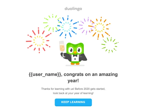 Duolingo year-in-review email with the Duo owl mascot celebrating a user's year of learning, surrounded by fireworks