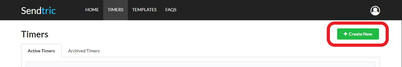 Sendtric dashboard's Timers list with the Create Timer button highlighted