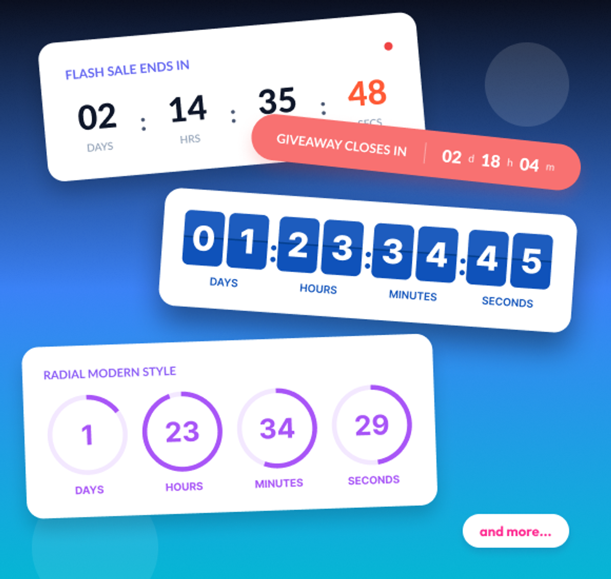 Examples of Sendtric's email countdown timer styles: a flash-sale digit countdown, a flip-style countdown, and a radial countdown design