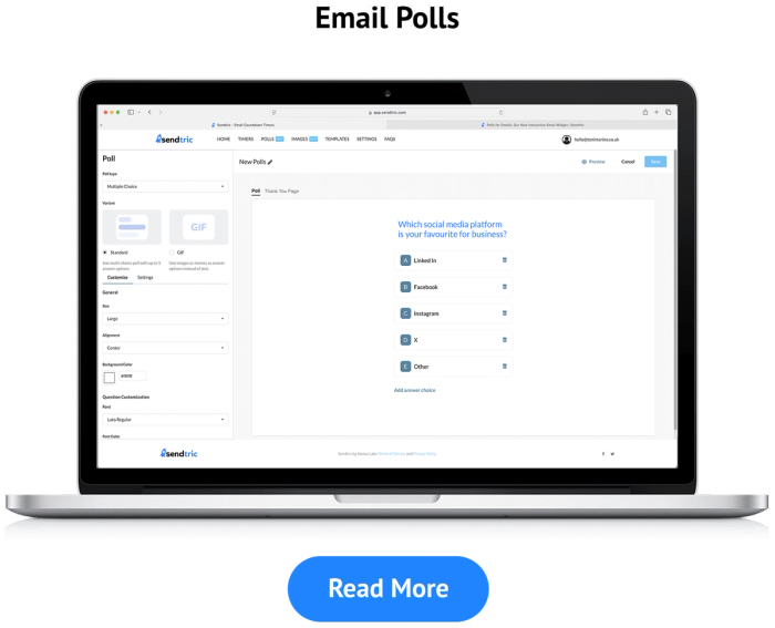 Screenshot of the Sendtric poll editor showing a multiple-choice poll asking which social media platform is a favorite.