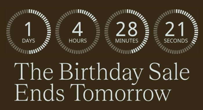 Countdown timer example on a "Birthday Sale Ends Tomorrow" email