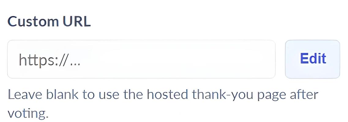 Custom URL redirect field in the Sendtric poll editor, with an option to leave it blank and use the hosted thank-you page