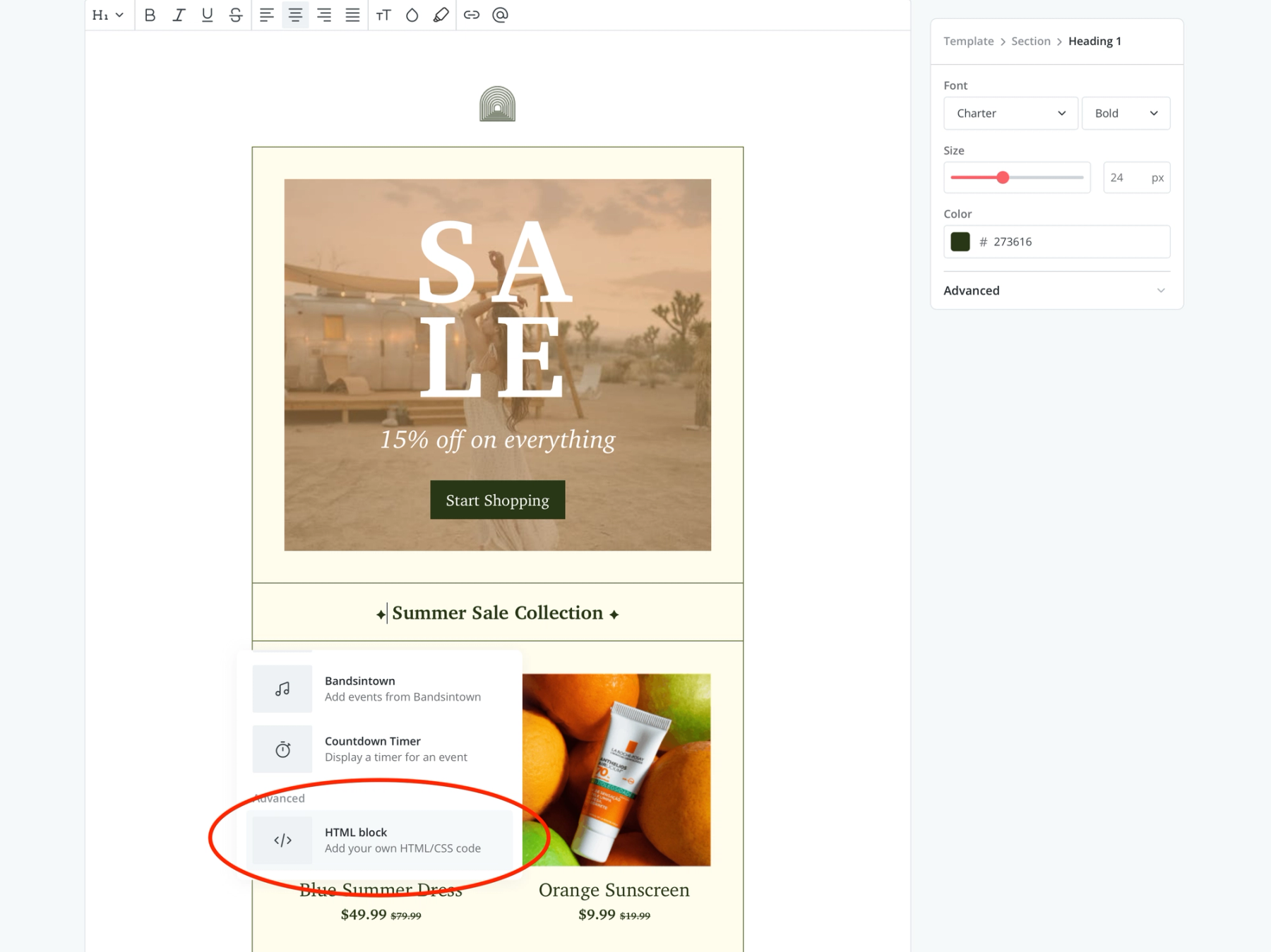 ConvertKit email builder's block menu with the HTML block option highlighted