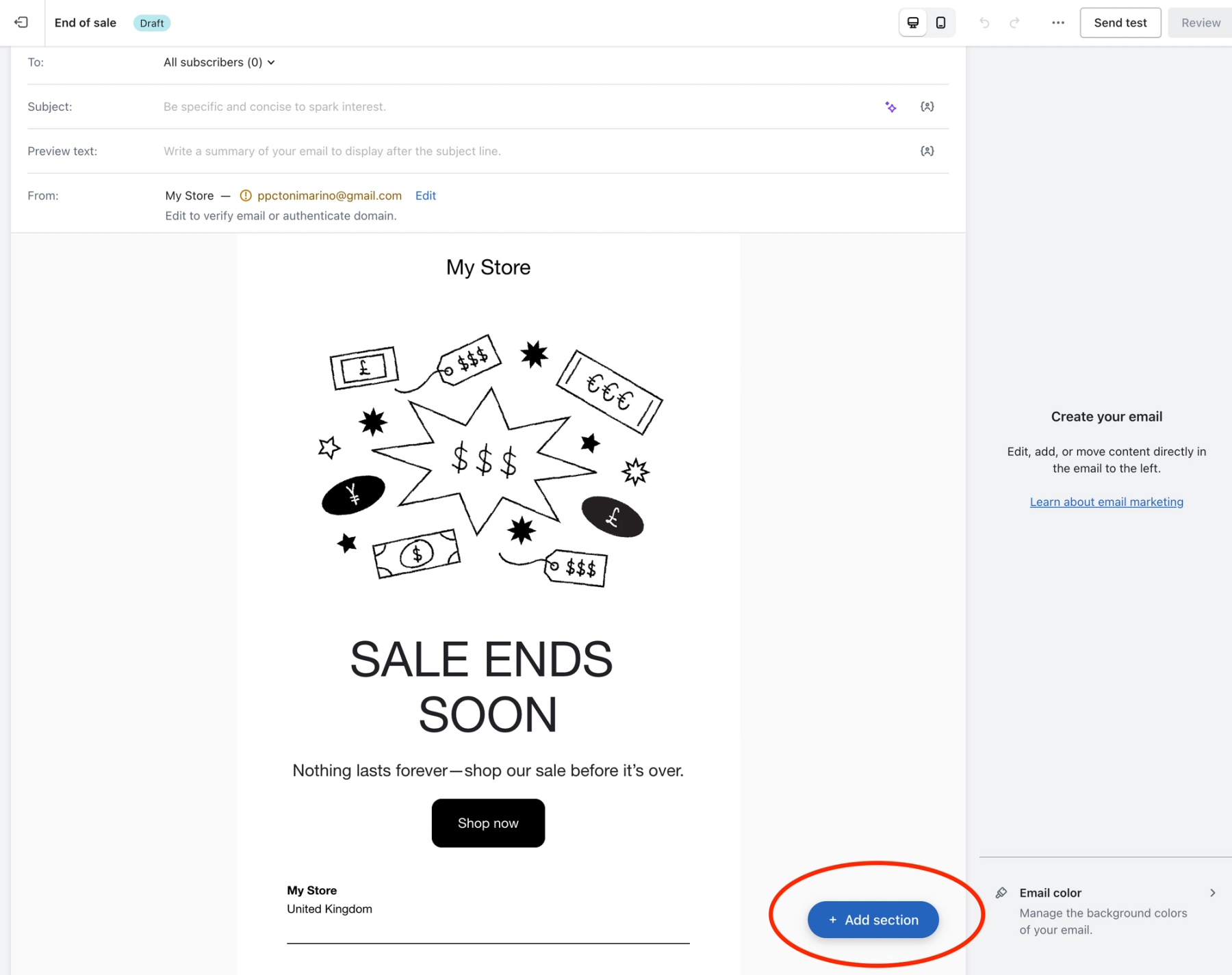 Shopify email editor with the Add Section button highlighted