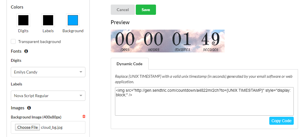 Sendtric timer preview updated with a custom background image after upload