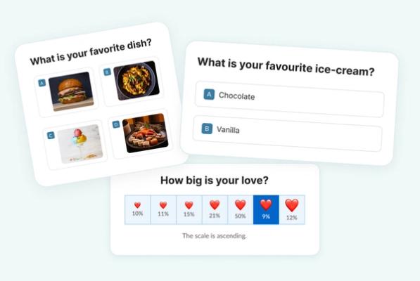 Three example Sendtric poll formats: an image-based multiple-choice poll, a text-based two-option poll, and a heart-rating scale poll showing live response percentages