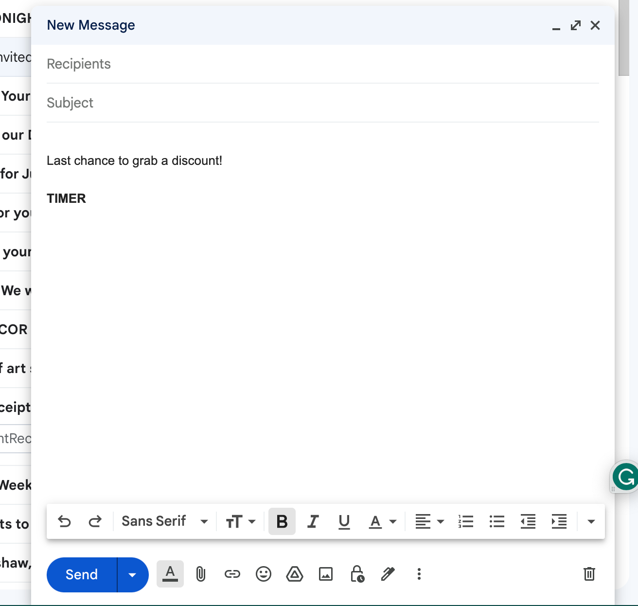 Gmail compose window with a placeholder 'TIMER' text typed where the countdown timer will go