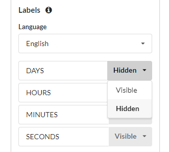 Sendtric timer editor's Labels section with a Days label's visibility dropdown set to Hidden