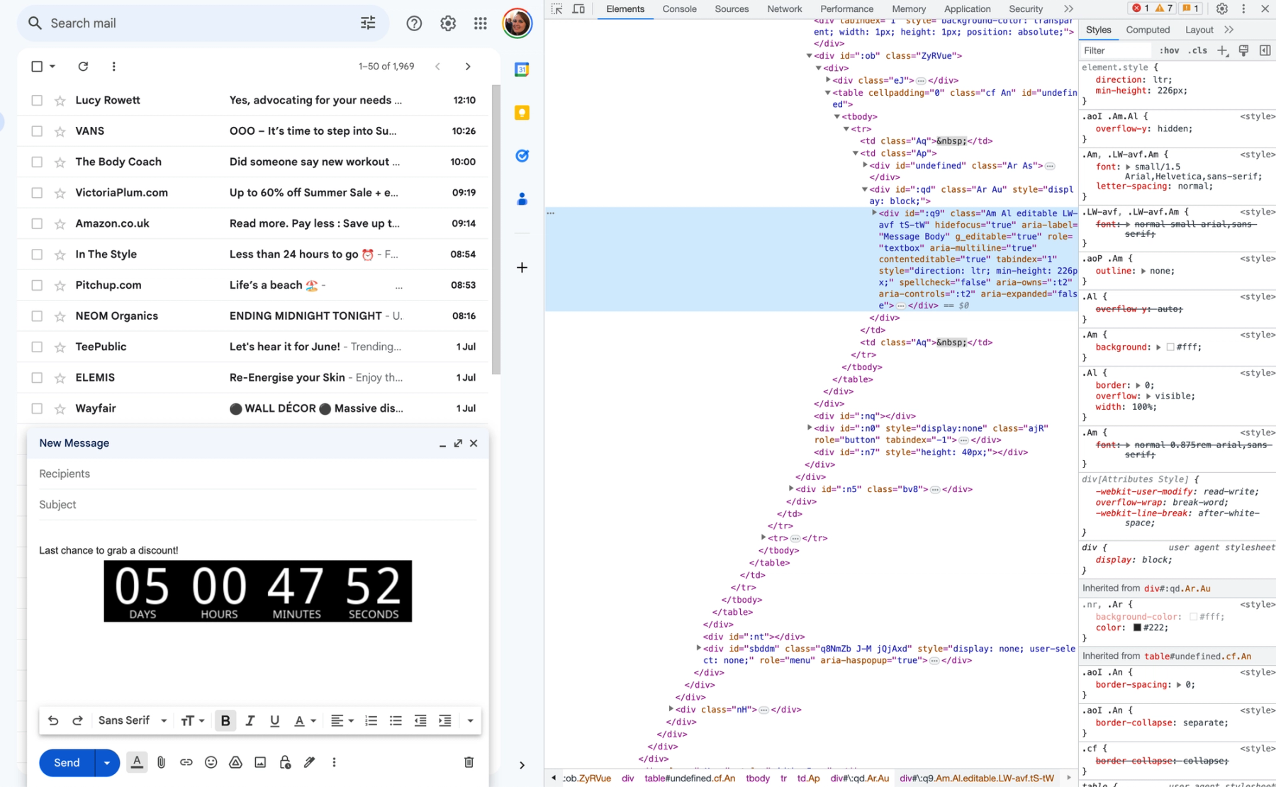 Gmail compose window showing the Sendtric countdown timer rendered after the HTML edit