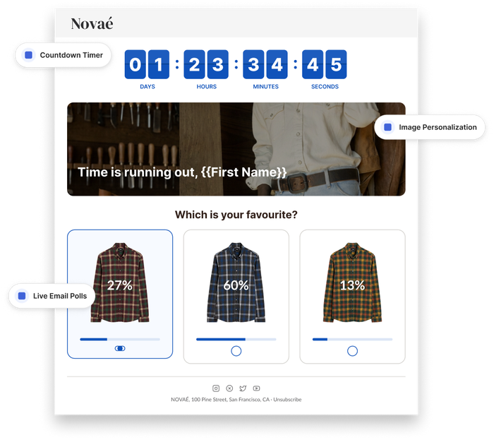 Mockup marketing email from a fashion brand showing Sendtric's countdown timer, a personalized image reading "Time is running out, {{First Name}}", and a live poll asking which shirt is the reader's favorite with live percentage results.