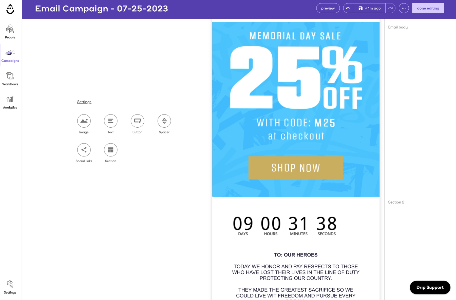 Drip email preview showing the Sendtric countdown timer rendered in the template