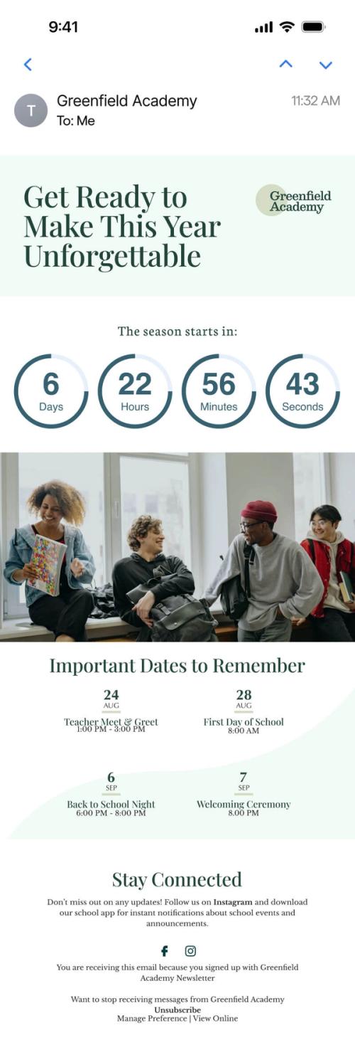 Mobile email preview of a back-to-school event announcement with a Sendtric countdown timer to the start of the season, a photo of students with backpacks, and a list of important dates