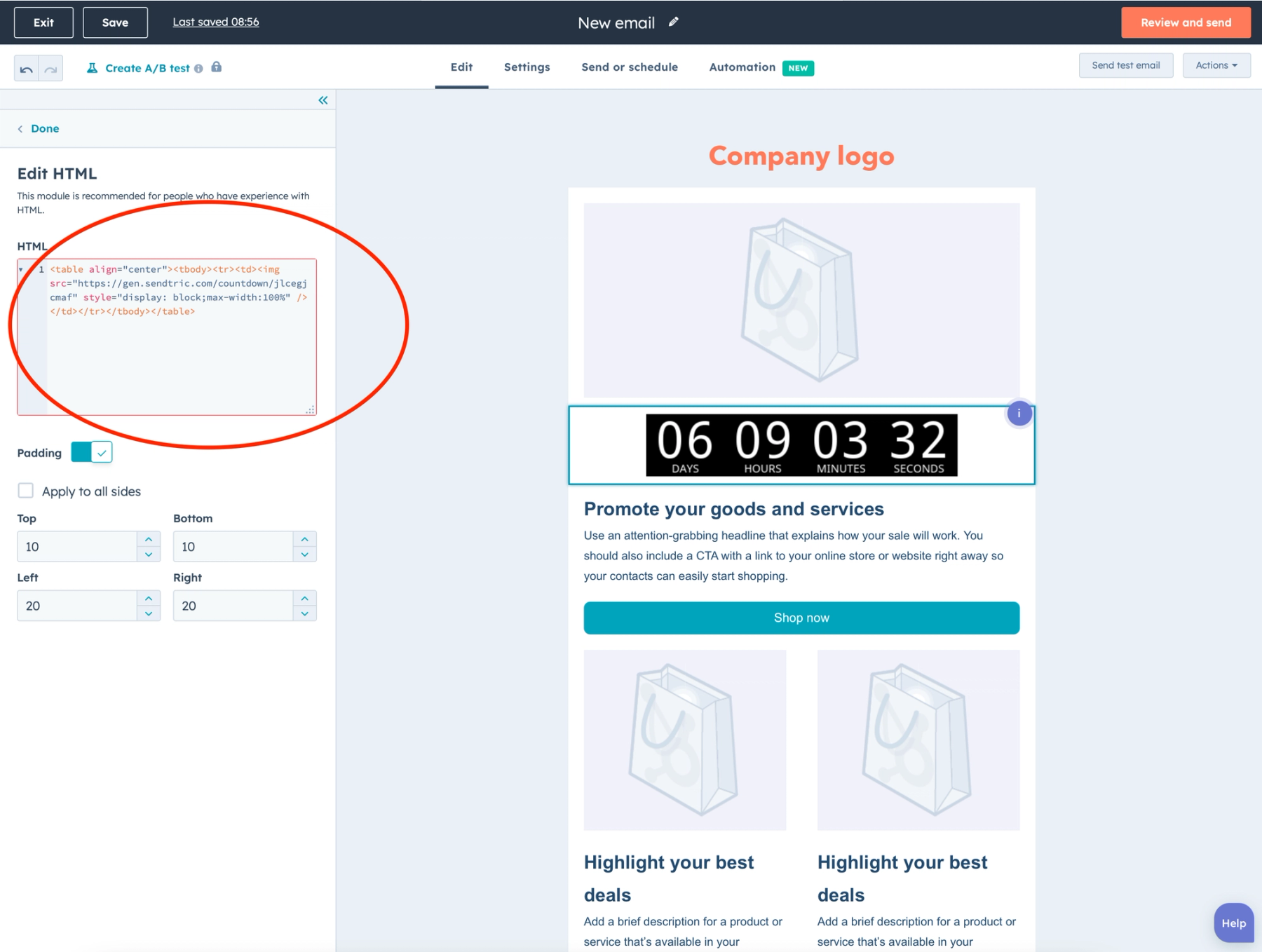 HubSpot email preview showing the Sendtric countdown timer rendered in the template