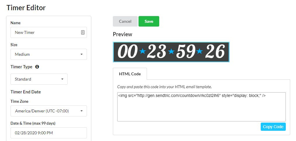 Sendtric timer editor showing a newly created timer that inherited its template's design