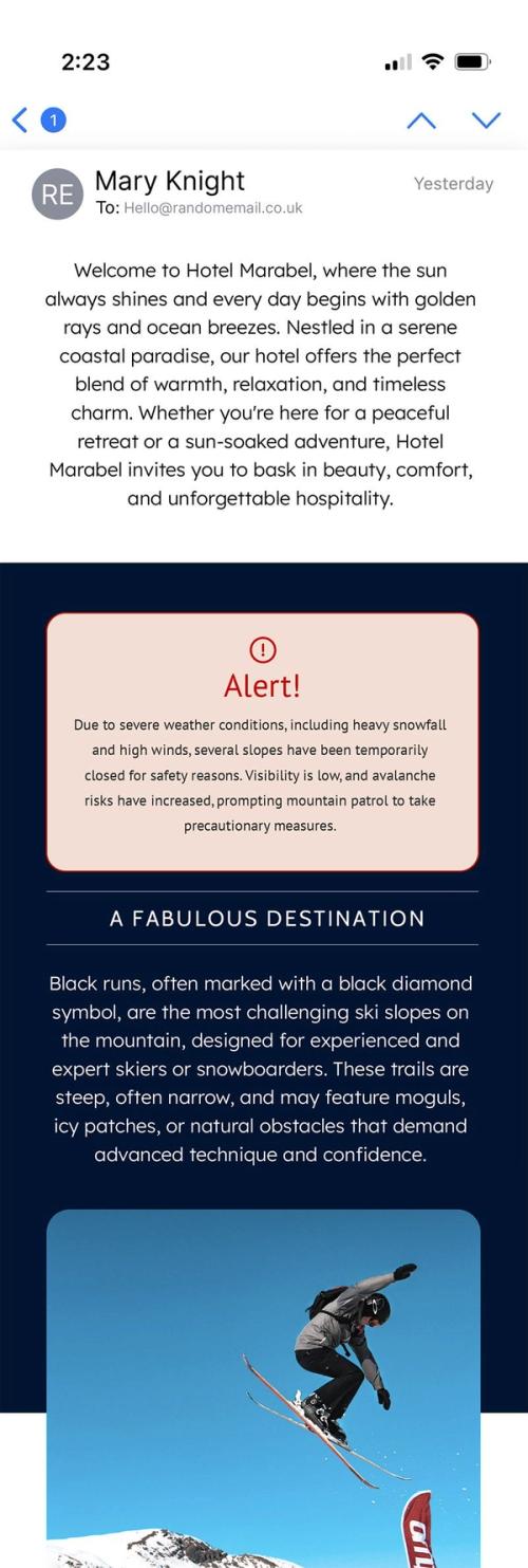Mobile email preview of a hotel campaign (dark navy theme) with Sendtric's Critical Alerts widget showing a red 'Alert!' box warning of severe snow conditions.