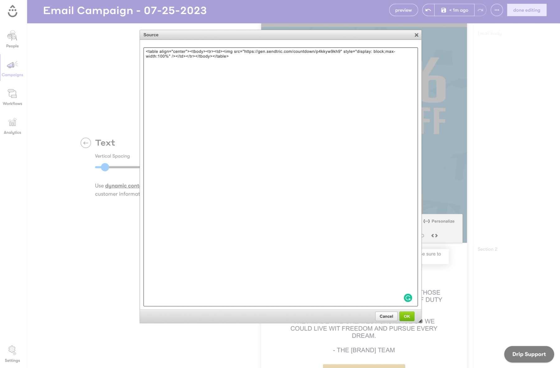Drip source-code editor window with the Sendtric timer HTML code pasted in place of the placeholder text