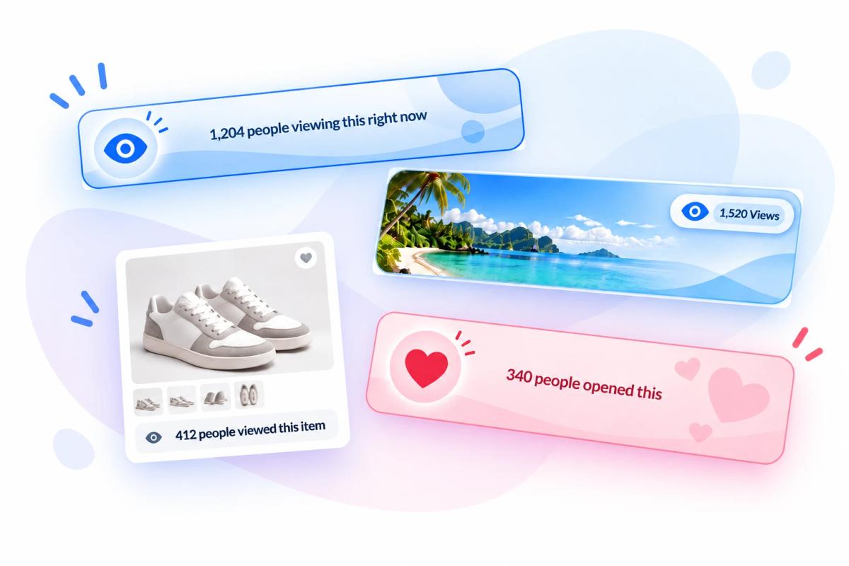 Four example Sendtric Social Proof Counters: a "1,204 people viewing this right now" badge, a travel photo with a "1,520 Views" counter, a product card reading "412 people viewed this item", and a "340 people opened this" badge