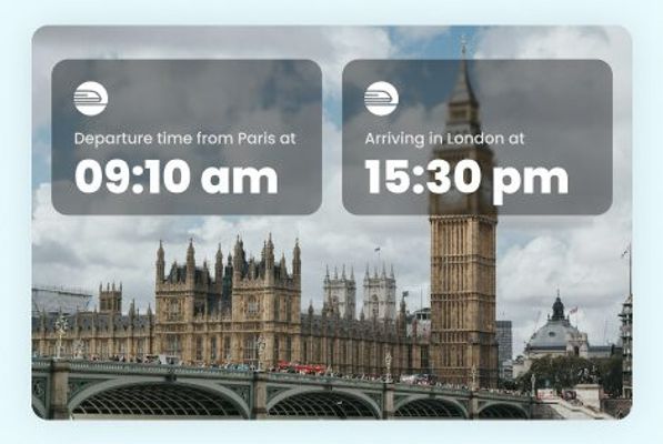 Example dynamic image showing personalized travel details, departure and arrival times, overlaid on a photo of London landmarks