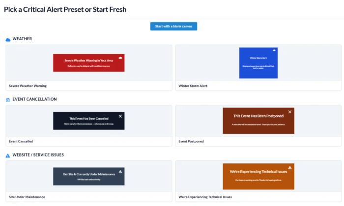 Sendtric Critical Alerts preset picker showing "Start with a blank canvas" plus Weather, Event Cancellation, and Website/Service Issues presets