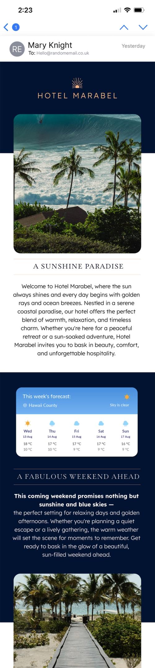 Mobile email preview of a 'Hotel Marabel' travel newsletter showing Sendtric's weather widget with a 5-day forecast for Hawaii County