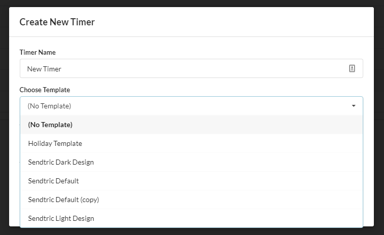 Sendtric Timers tab showing the template dropdown when creating a new timer from a saved template