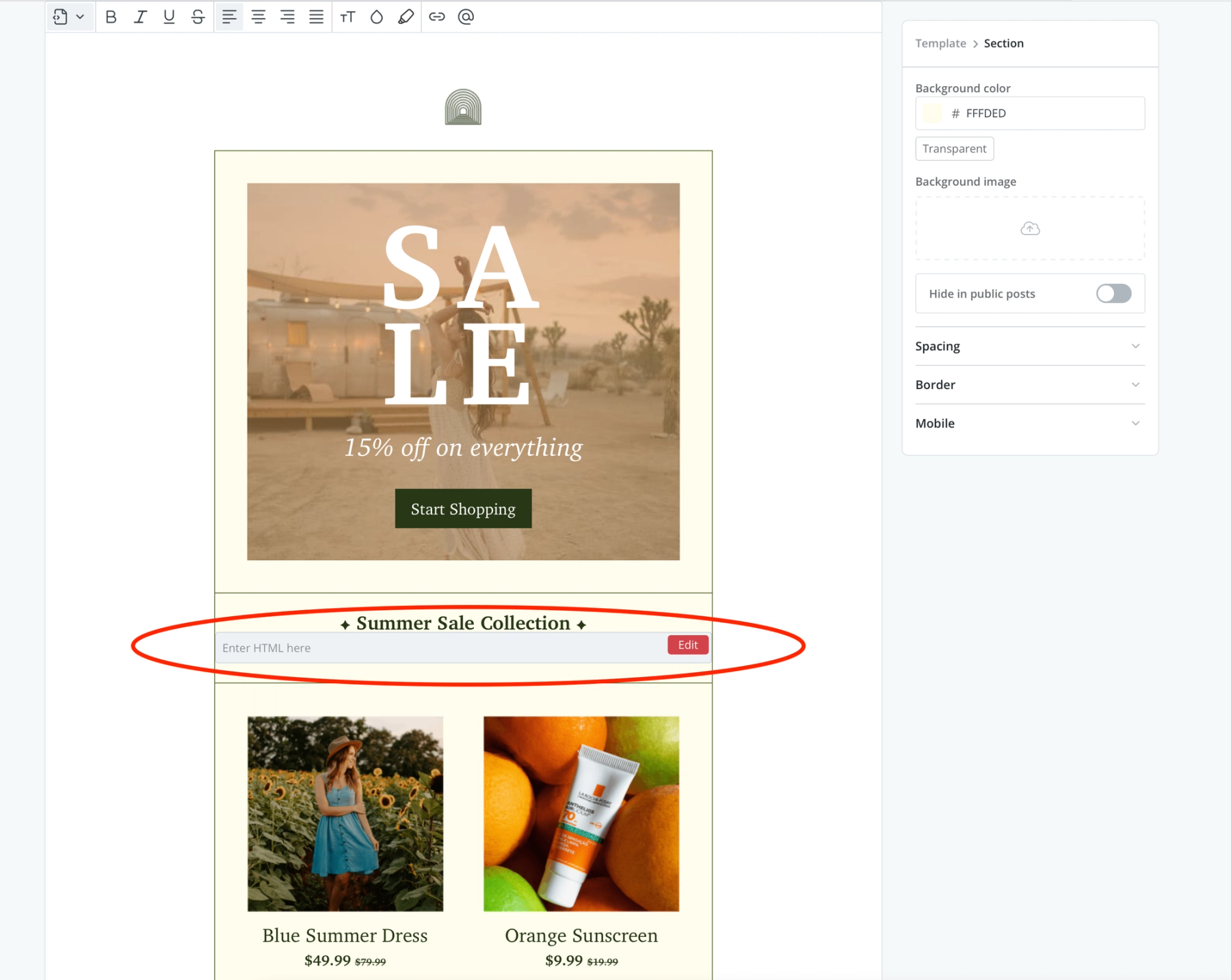 ConvertKit email builder showing a new HTML block with its Edit button highlighted