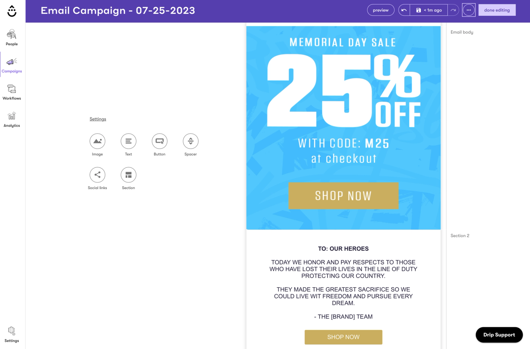 Drip email builder open with a new email template