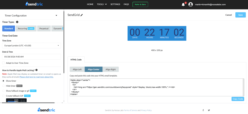 Sendtric countdown timer editor open for building a timer to add to a SendGrid campaign