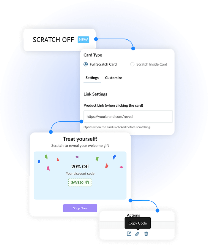 Sendtric Digital Scratch Off widget builder showing card type and product link settings, with a preview scratch card revealing a 20% off discount code.