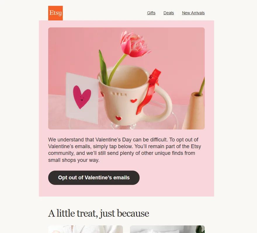 An Etsy email with an "Opt out of Valentine's emails" button, next to a photo of a mug with a tulip and a heart-shaped card