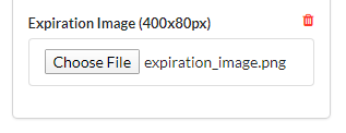 Sendtric timer editor's expiration image section with the delete (trash) icon highlighted