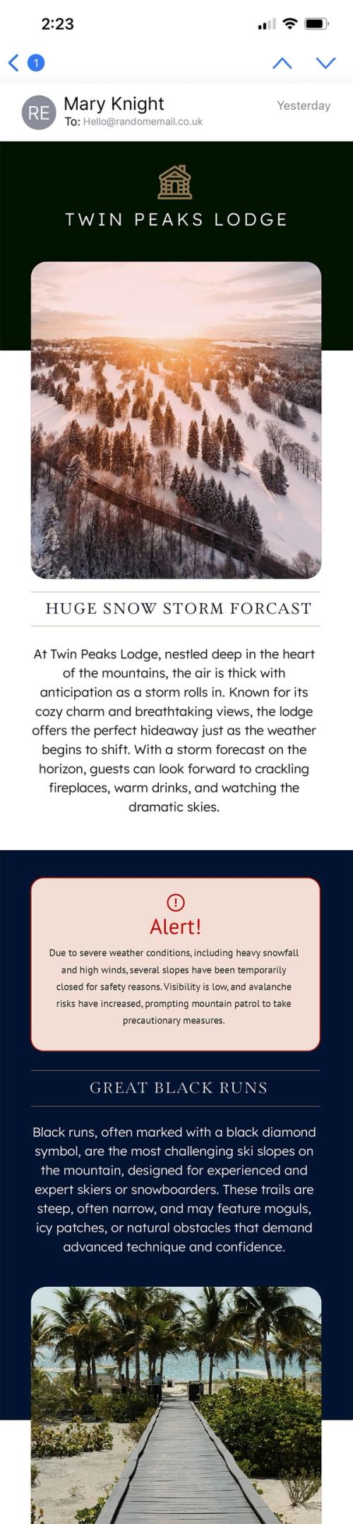 Mobile email preview of a hotel campaign with Sendtric's Critical Alerts widget showing a red 'Alert!' box warning of a severe snow storm.