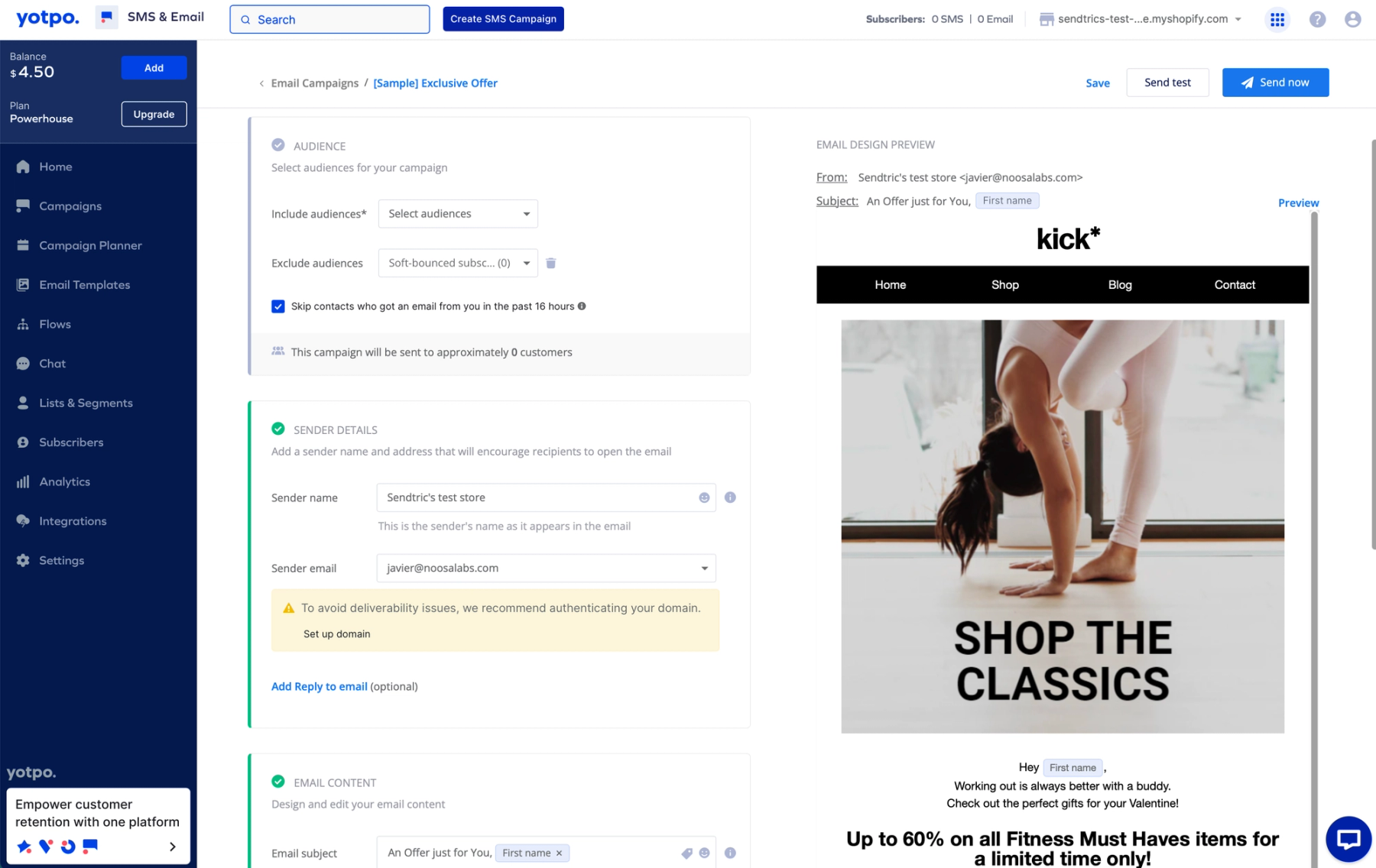 Yotpo email campaign editor open beside a preview of the selected email template