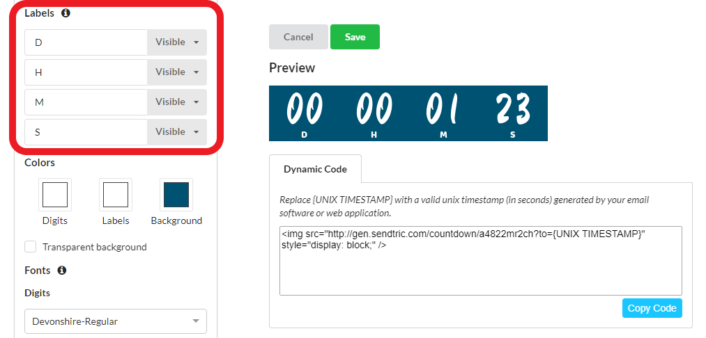 Sendtric timer editor's Labels section with custom text fields for each timer digit