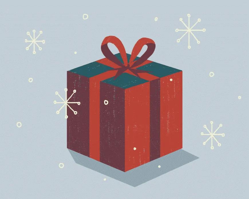 Illustration of a wrapped red and maroon gift box with a bow, surrounded by snowflakes