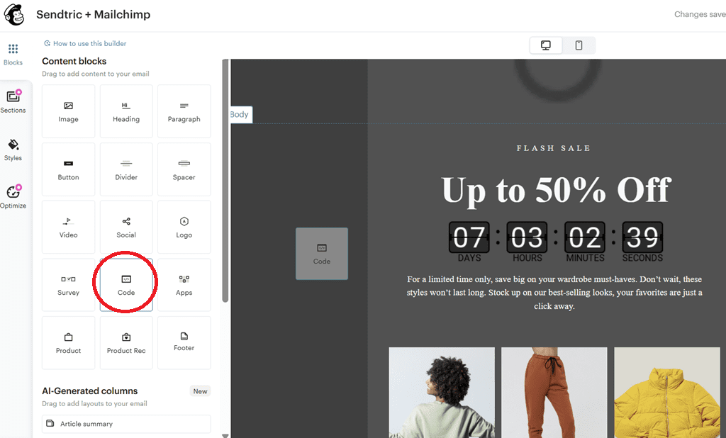 Mailchimp email builder with the Code content block highlighted, ready to paste the Sendtric countdown timer HTML into a flash sale email