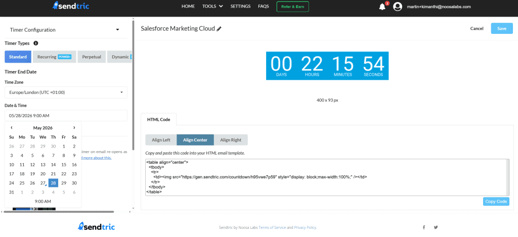 Sendtric timer editor with the Generate button highlighted after completing the timer's HTML embed code