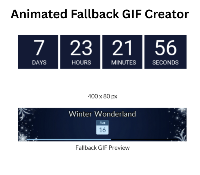 Animated fallback GIF creator preview, generating a "Winter Wonderland" countdown banner fallback image